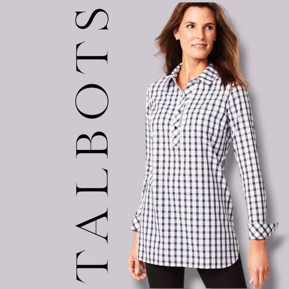 Talbots Women’s Perfect Tunic Black White Scotch Plaid Shirt - Size 12 - Picture 8 of 8